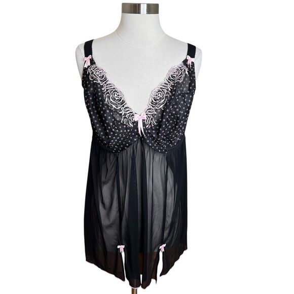 Elomi Babydoll Lingerie Womens 36H Black Pink Sheer Polka Dot Underwire Slip - Picture 1 of 12
